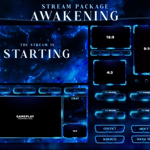 Awakening - Twitch Overlay - Animated Alerts - Animated Screens - Dark Overlay - Stream Pack - Dark & Blue - Panels - Shadow - Anime Overlay
