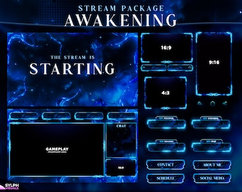 Puede incluir: Un paquete de transmisión digital llamado "Awakening" con un tema azul y negro. Incluye superposiciones para juegos, chat y elementos de redes sociales. El texto incluye "The Stream is Starting" y "Gameplay".