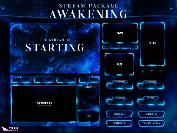 Awakening - Twitch Overlay - Animated Alerts - Animated Screens - Dark Overlay - Stream Pack - Dark & Blue - Panels - Shadow - Anime Overlay