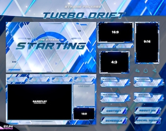 Turbo Drift - Twitch Overlay - Animated Alerts - Animated Screens - White Overlay - Velocity - Racing Overlay - Cars - E-Sports - Blue