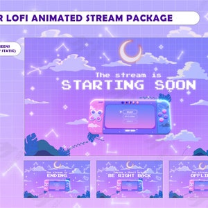 May include: Animated stream package with a purple and blue background featuring a stylized game console with the text "The stream is STARTING SOON".