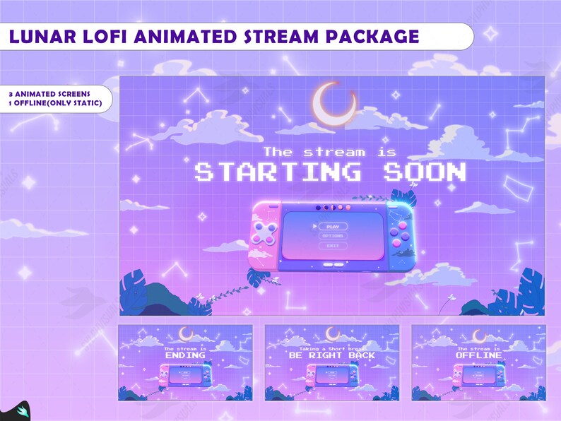 May include: Animated stream package with a purple and blue background featuring a stylized game console with the text "The stream is STARTING SOON".