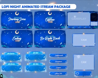 Pacote de transmissão Lofi Night - Twitch Overlay - Alertas animados - Telas animadas - Painéis - Estética - Galaxy Overlay - Jogabilidade - Azul