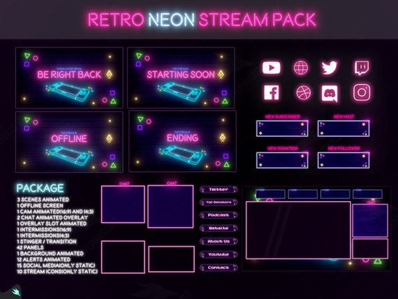Stream Package Retro Neon Twitch Overlay Animated Alerts - Etsy