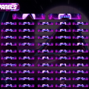 May include: A digital graphic with a retro-futuristic design, featuring 52 panels with text labels in a vibrant purple and pink color scheme. The panels are arranged in a grid, with labels like "Steam," "Subscribe," and "Twitter."