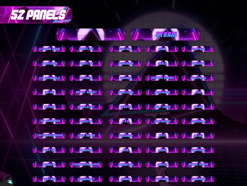 May include: A digital graphic with a retro-futuristic design, featuring 52 panels with text labels in a vibrant purple and pink color scheme. The panels are arranged in a grid, with labels like "Steam," "Subscribe," and "Twitter."