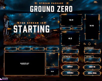 May include: A digital overlay package for live streaming, titled "Ground Zero." The design features a dark blue and orange color scheme with a post-apocalyptic theme. Includes sections for gameplay, chat, and social media, with the text "The Stream is Starting."