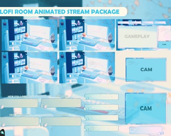 Stream Package Lofi Room - Twitch Overlay -  Animated Alerts - Animated Screens  - Panels - Aesthetic  - Retro Gamer - Gameplay - Blue