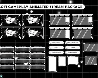 Stream Paket Lofi GamePlay - Twitch Overlay - Animierte Alarme - Animierte Bildschirme - Panels - Retro - Dark Mode - Schwarz Weiß - Retro