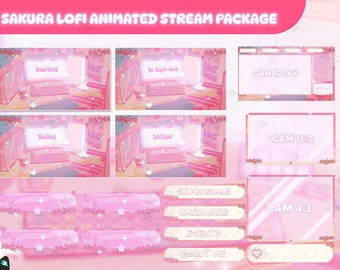 Stream Package Sakura Lofi - Twitch Overlay -  Animated Alerts - Animated Screens  - Panels - Cherry Blossom - Aesthetic - Pink