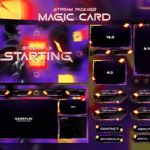 Tarjeta mágica - Superposición de Twitch - Alertas animadas - Pantallas animadas - Superposición violeta - Paquete de transmisión - Superposición violeta - Abstracto - Paneles