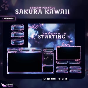 Paquete de transmisión Sakura Kawaii - Superposición de Twitch - Alertas animadas - Pantallas animadas - Paneles - Flor de cerezo - Estética - Rosa