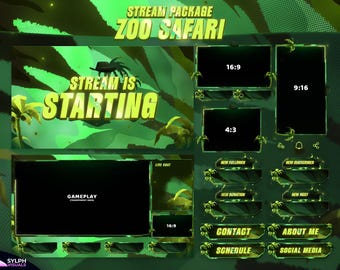 May include: Green and black Twitch stream overlay package with the text "Zoo Safari" and "Stream is Starting". The overlay includes a variety of elements, such as a live chat, gameplay, new follower, new subscriber, new donation, and new host alerts.