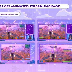 May include: Four animated stream overlays with a purple and pink color scheme. The overlays feature a blurred image of a video game landscape with a constellation pattern in the background. The text "LUNAR LOFI ANIMATED STREAM PACKAGE" is at the top of the image. The text "4 ANIMATED INTERMISSIONS (16:9 and 4:3)" is below the title.