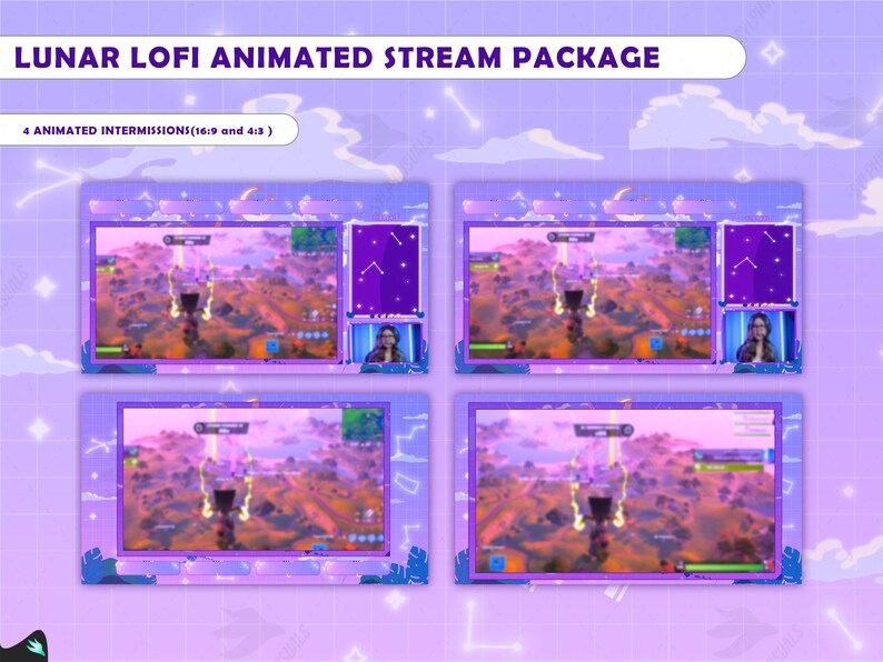 May include: Four animated stream overlays with a purple and pink color scheme. The overlays feature a blurred image of a video game landscape with a constellation pattern in the background. The text "LUNAR LOFI ANIMATED STREAM PACKAGE" is at the top of the image. The text "4 ANIMATED INTERMISSIONS (16:9 and 4:3)" is below the title.