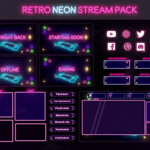 Stream Package Retro Neon - Twitch Overlay  - Animated Alerts - Animated Screens - Panels - Dark Mode - Cyberpunk - Purple