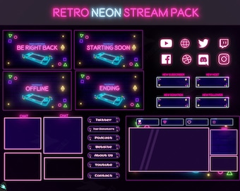 Stream Paket Retro Neon - Twitch Overlay - Animierte Alarme - Animierte Bildschirme - Panels - Dark Mode - Cyberpunk - Lila