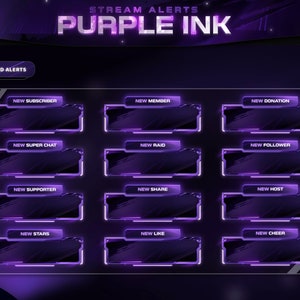 Alertas animadas de Twitch - Tinta púrpura - Alertas animadas - Alertas oscuras - Alertas de transmisión - Superposición de alerta púrpura - Kawai - Púrpura