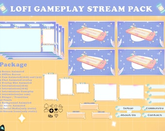 Streampaket Lofi-spelupplägg - Twitch-överlägg - Animerade skärmar - Retro - Paneler - Rosa - Animerade scener - Minimalistiskt överlägg