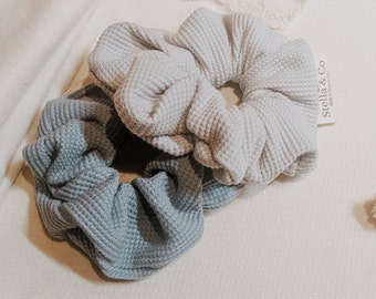 Organic Cotton Waffle Knit Scrunchies in FOG & SEA SPRAY
