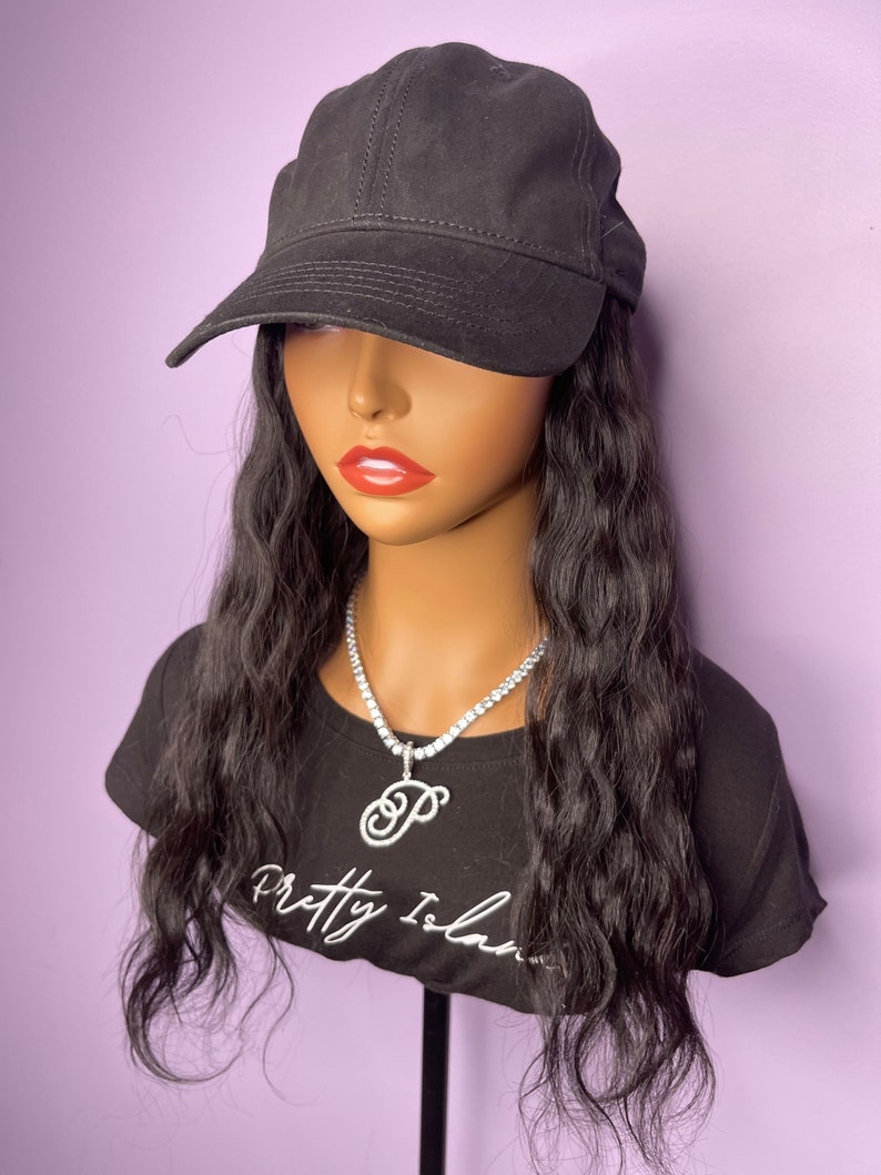 Black Baseball Cap With Synthetic Hair Attached Hat With Hair Etsy