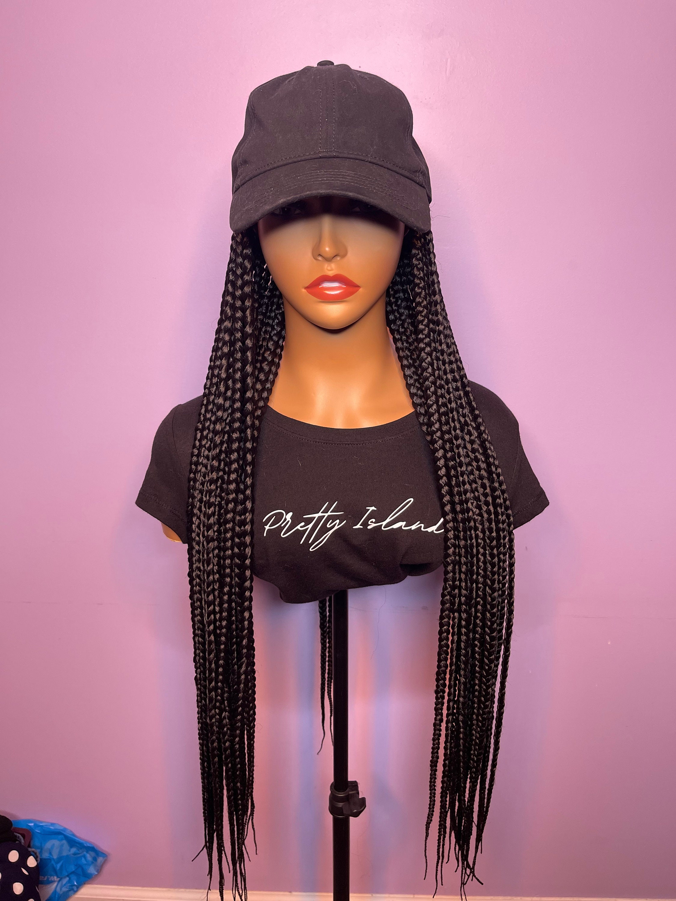 Black Baseball Cap With BRAIDS Attached Hat With Hair Etsy