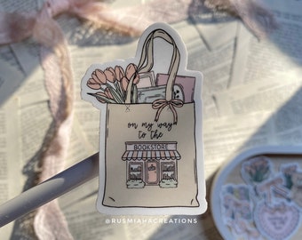 On My Way To The Bookstore Tote Vinyl Sticker | Coquette | Waterproof Sticker | Book Lover | Bookish | Bookworm | Pink Bows | Reader | Gift
