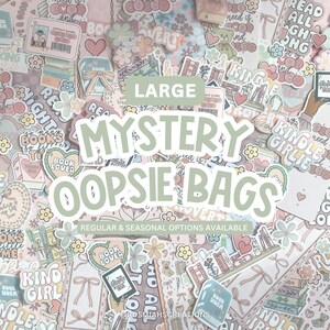 May include: A collection of stickers with a light pink background. The stickers feature book-related designs, hearts, flowers, and text. The text on the stickers includes "Mystery Oopsie Bags" and "Book Lover".