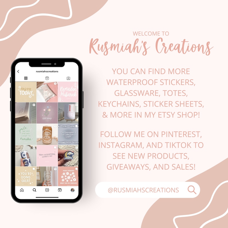 May include: A screenshot of a mobile phone displaying a grid of colorful images. The images are of various designs, including stickers, tote bags, and keychains. The text "Rusmiah's Creations" is displayed at the top of the image, along with the text "@rusmiahscreations" and a magnifying glass icon at the bottom.