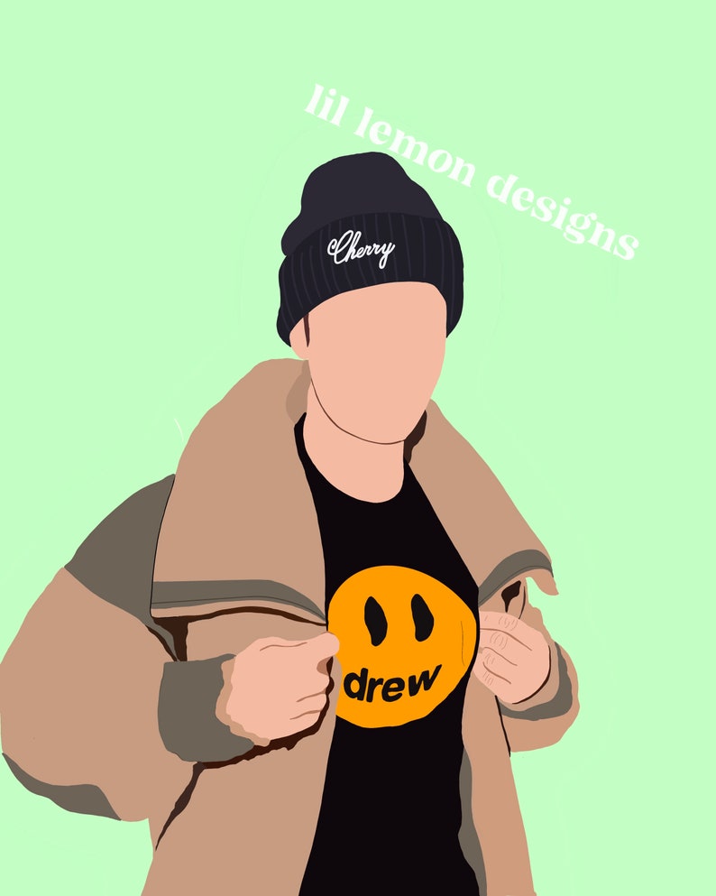 May include: A person wearing a black beanie with the word "Cherry" embroidered on it, a brown jacket, and a black t-shirt with a yellow smiley face and the word "drew" underneath.