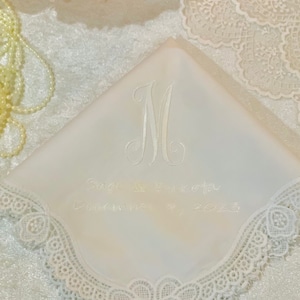 Monogrammed Lace Wedding Handkerchief: Embroidered Bridal Hankie