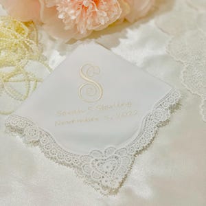 Monogrammed Lace Wedding Handkerchief: Embroidered Cotton Bridal Hankie, Gift For Bride