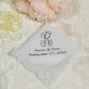Personalized Monogrammed Wedding Handkerchief, Bridal Hankie, Embroidered Wedding Handkerchief, Lace Wedding Hankies, Bridal Shower Gift