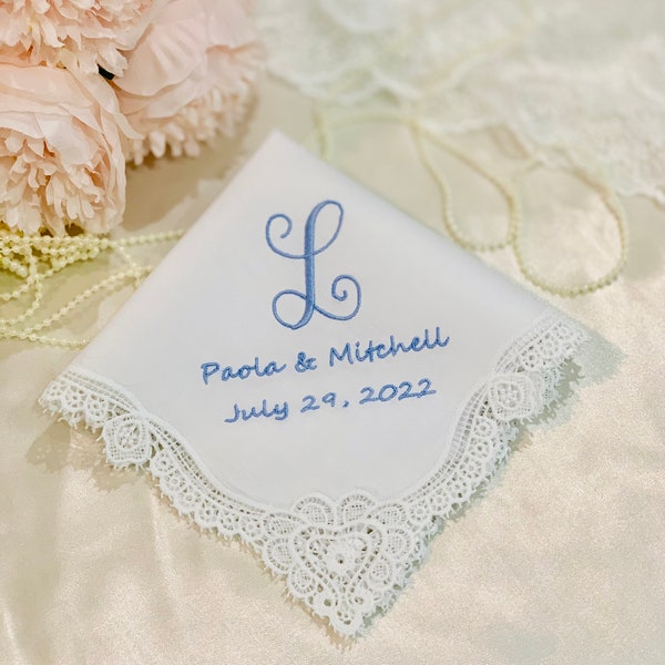 Monogrammed Wedding Handkerchief, Bridal Hankie, Embroidered Wedding Handkerchief, Lace Wedding Hankies, Gift for Bride, Bridal shower gift