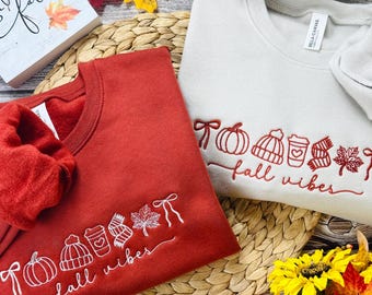 Embroidered Fall Vibes Sweatshirt, Cozy Autumn Crewneck