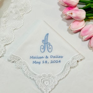 Monogrammed Lace Wedding Handkerchief: Embroidered Cotton Bridal Hankie
