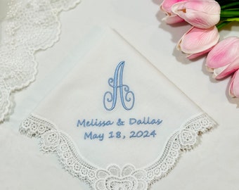 Embroidered Wedding Handkerchief, Monogrammed Wedding Handkerchief, Bridal Hankie,  Lace Wedding Hankies, Gift for Bride, Bridal shower gift