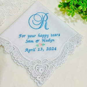 Custom Embroidered Lace Wedding Handkerchief - Monogrammed Cotton Hankie