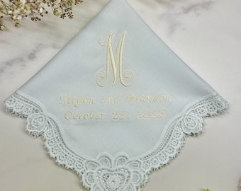 Monogrammed Lace Wedding Handkerchief: Personalized Embroidered Cotton Bridal Gift, Custom Wedding Day Hankie
