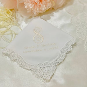 Monogrammed Wedding Handkerchief, Bridal Hankie, Embroidered Wedding Handkerchief, Lace Wedding Hankies, Gift for Bride, Bridal shower gift