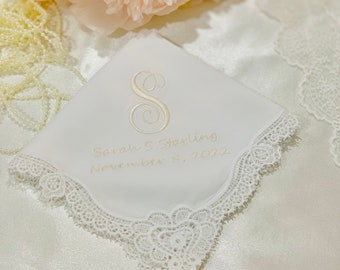 Monogrammed Wedding Handkerchief, Bridal Hankie, Embroidered Wedding Handkerchief, Lace Wedding Hankies, Gift for Bride, Bridal shower gift