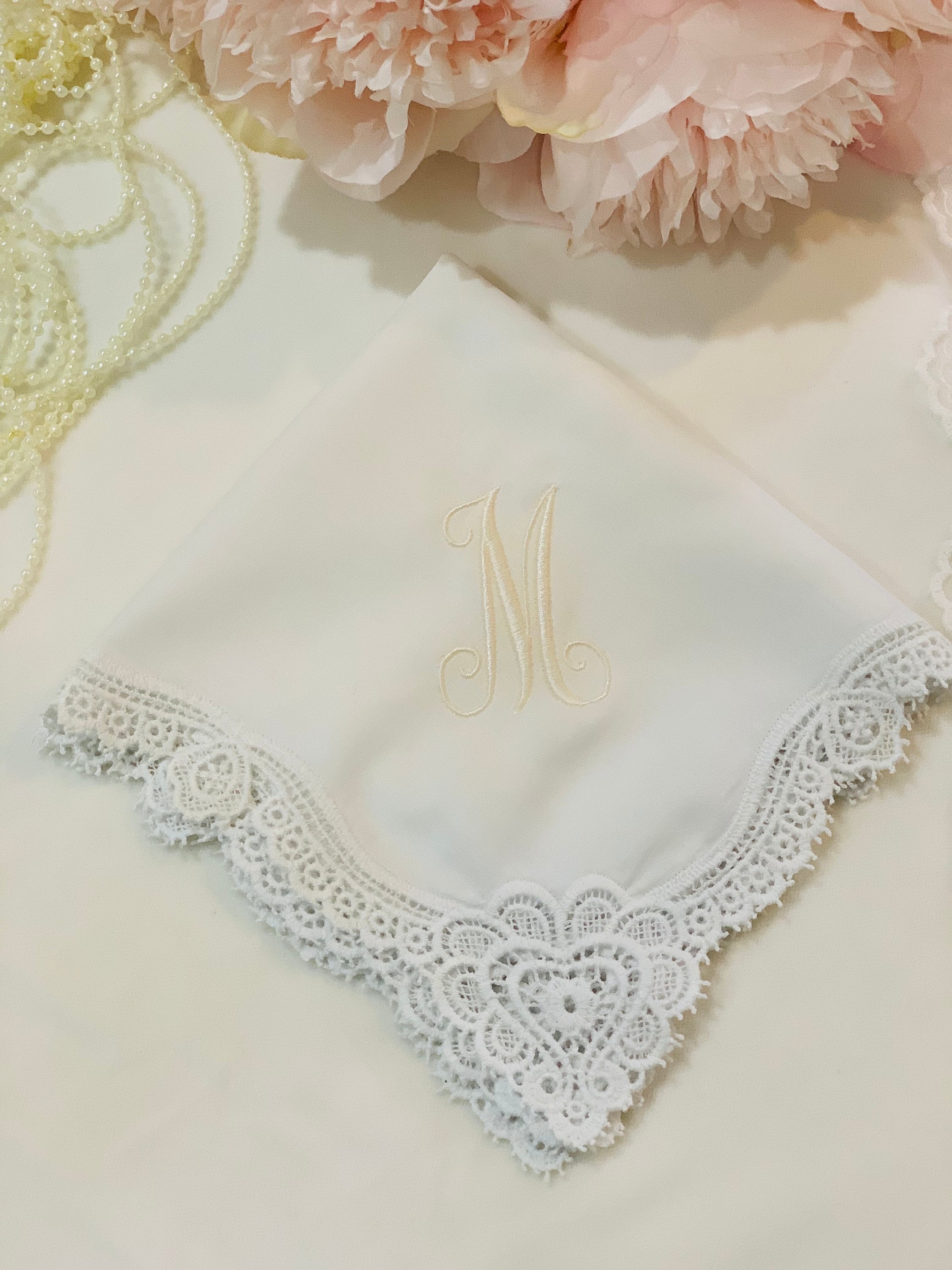 Monogrammed Lace Wedding Handkerchief: Embroidered Bridal Hankie