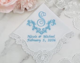 Monogrammed Lace Wedding Handkerchief: Personalized Embroidered Cotton Something Blue Bridal Gift