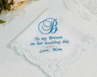 Monogrammed Wedding Handkerchief, Something Blue Gift for Bride, For Happy Tears Wedding Handkerchief, Mother of the Bride handkerchief