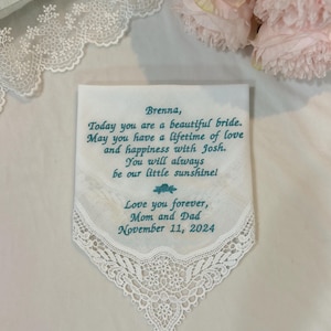 Custom Embroidered Keepsake Wedding Handkerchief: Personalized Lace Hankie, Cotton  Hankie, Gift for bridal, Something Blue