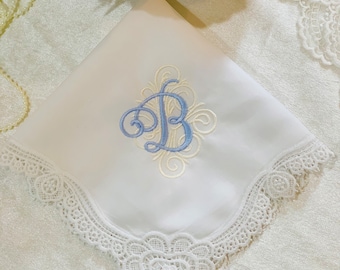 Single Initial Wedding Handkerchief, Monogrammed Wedding Handkerchief, Personalized Lace Wedding Handkerchief, Wedding Gift, something blue