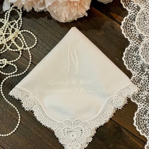 Monogrammed Lace Wedding Handkerchief: Embroidered Bridal Hankie