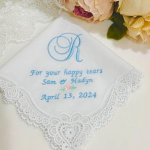 Personalized Something Blue Bridal Handkerchief: Embroidered Monogram, Bridal Shower gift for Bride