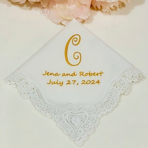 Monogrammed Initial Wedding Handkerchief, Gold Thread Embroidered Wedding Handkerchief, Gift for Bride, Bridal shower gift, Gift For Her