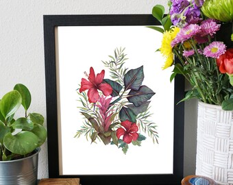 Tropical art print | Wall decor 8x10 | Hibiscus watercolor print | Summer art print | Botanical wall art | Home decor |Tropical flower print